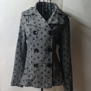 Moon Collection Black and Gray Bird Pattern Pea Coat